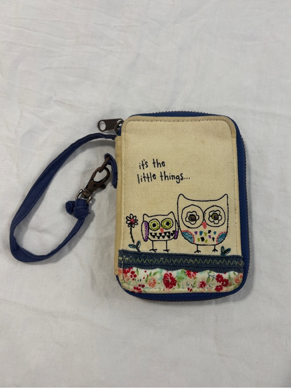 Natural Life “it’s the little things” Cream Canvas Wristlet with Embroidered Owl